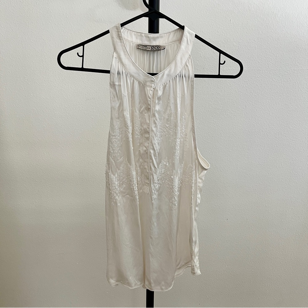 Go By Go Silk Bright White Elegant Sequin Sleeveless Flowy Blouse
